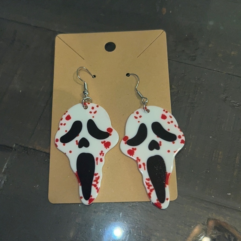 Ghostface Scream Bloody Mask Earrings Horror Movie Halloween Acrylic Drop Hook